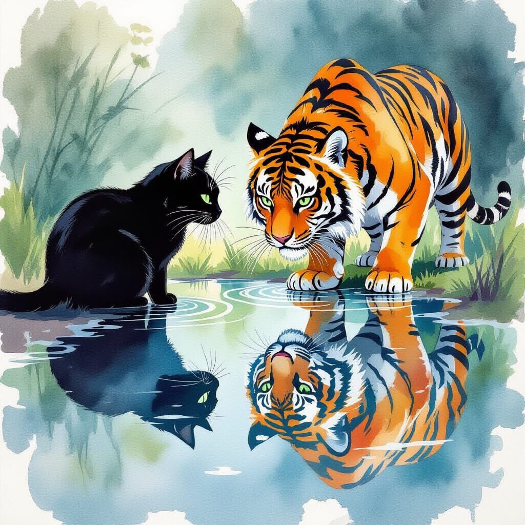 Black Cat Reflection Reveals Tiger in Watercolor Style