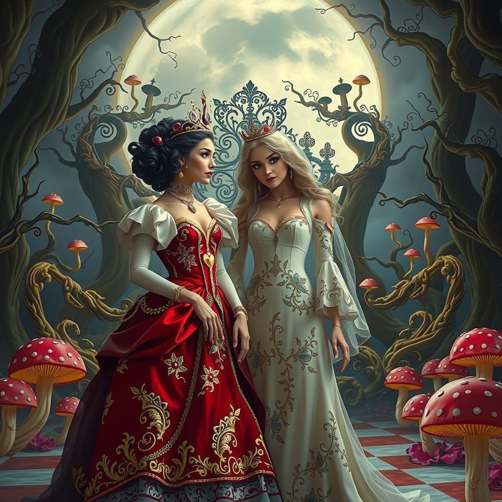 Gothic Queen of Hearts in Baroque Gown with White Queen