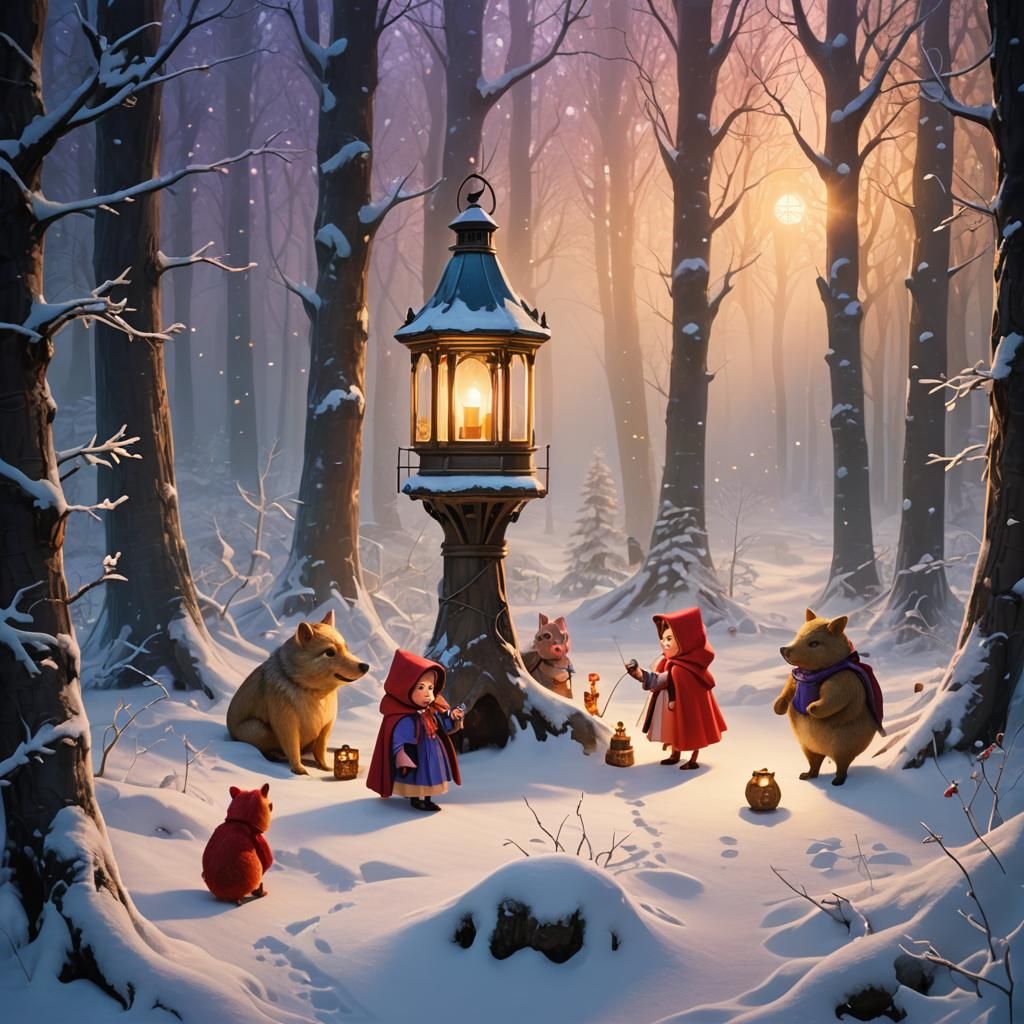 Fairytale Friends Gather in Enchanted Winter Forest