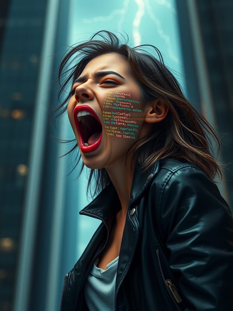 Screaming Woman's Face Made of Computer Code