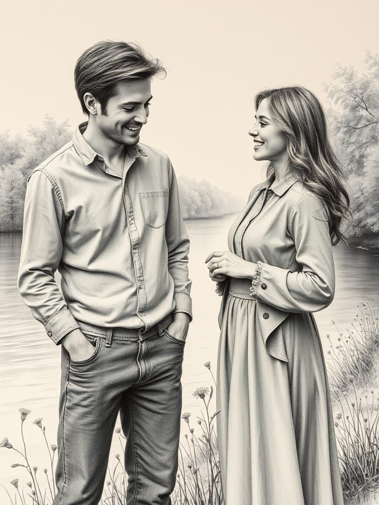 Charming Couple Conversing in Hyperdetailed Charcoal Drawing