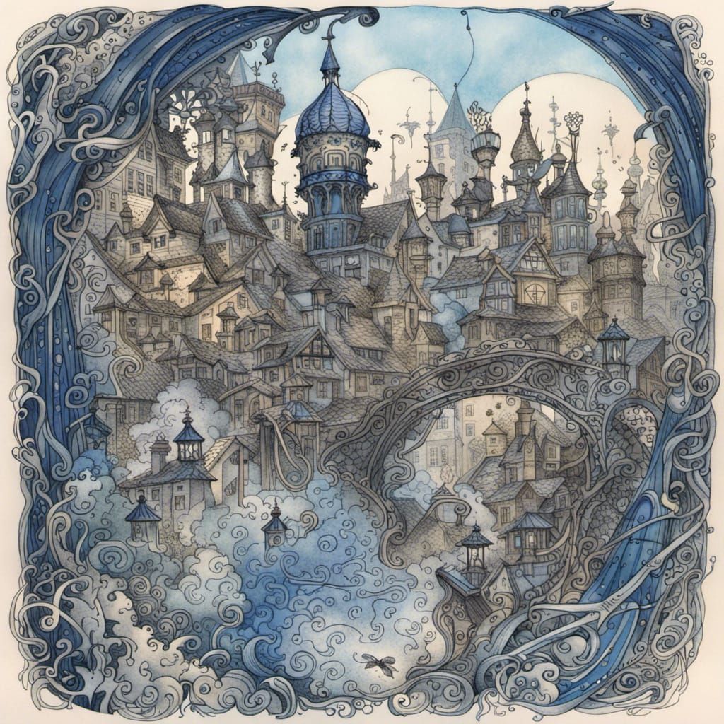 Whimsical Art Nouveau Town in Blue Ink