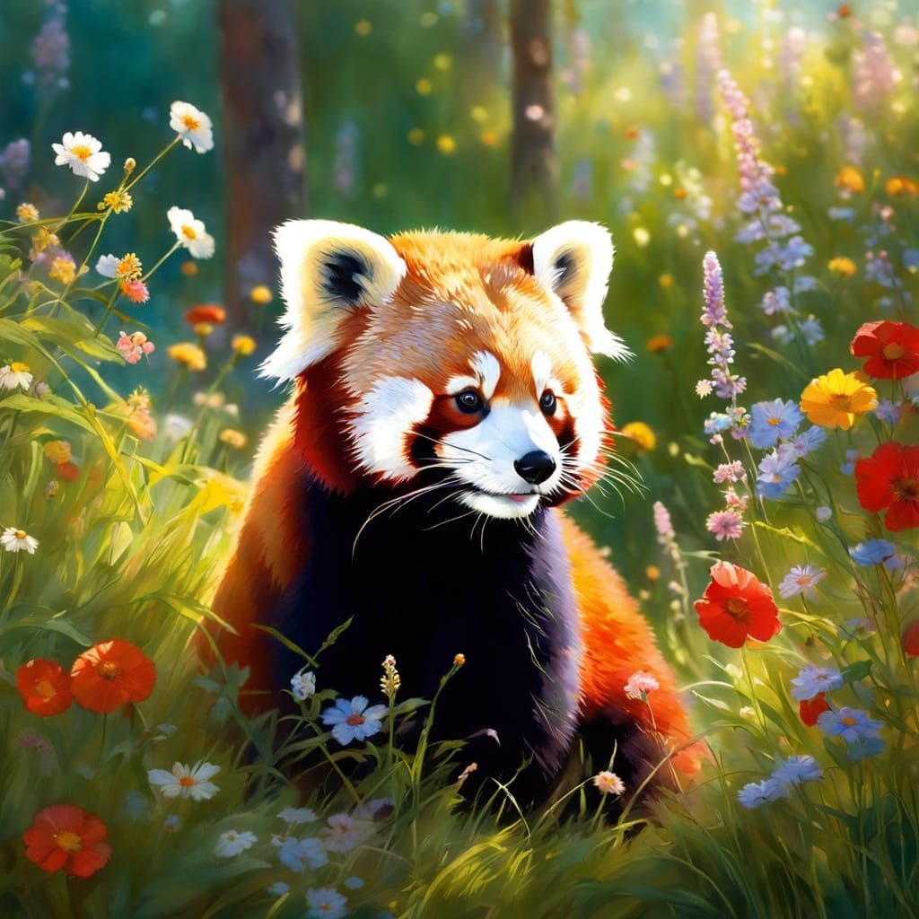 Red Panda in Sunlit Meadow with Vivid Blossoms