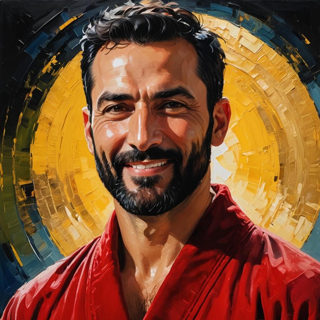 Smiling Man in Red Velvet Robe, Neo-Expressionist Portrait