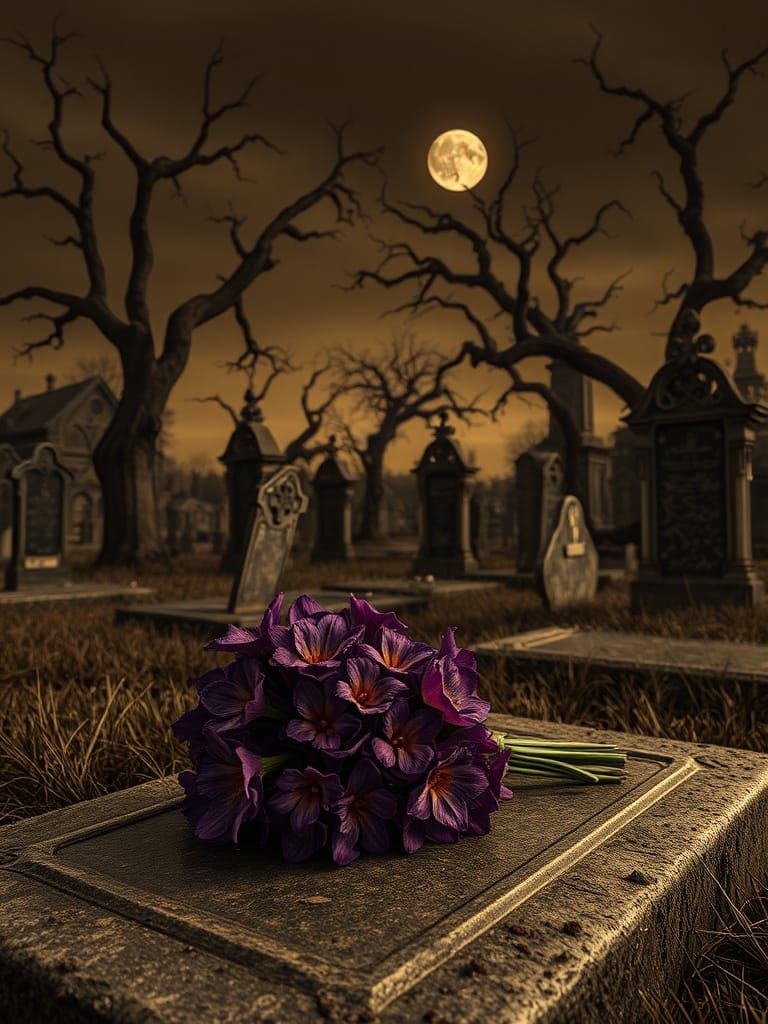 Muted Sepia Victorian Cemetery Scene with Unnatural Purple F...