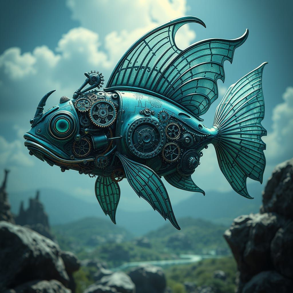 Mechanical Fairy Fish in Shimmering Steampunk Depths