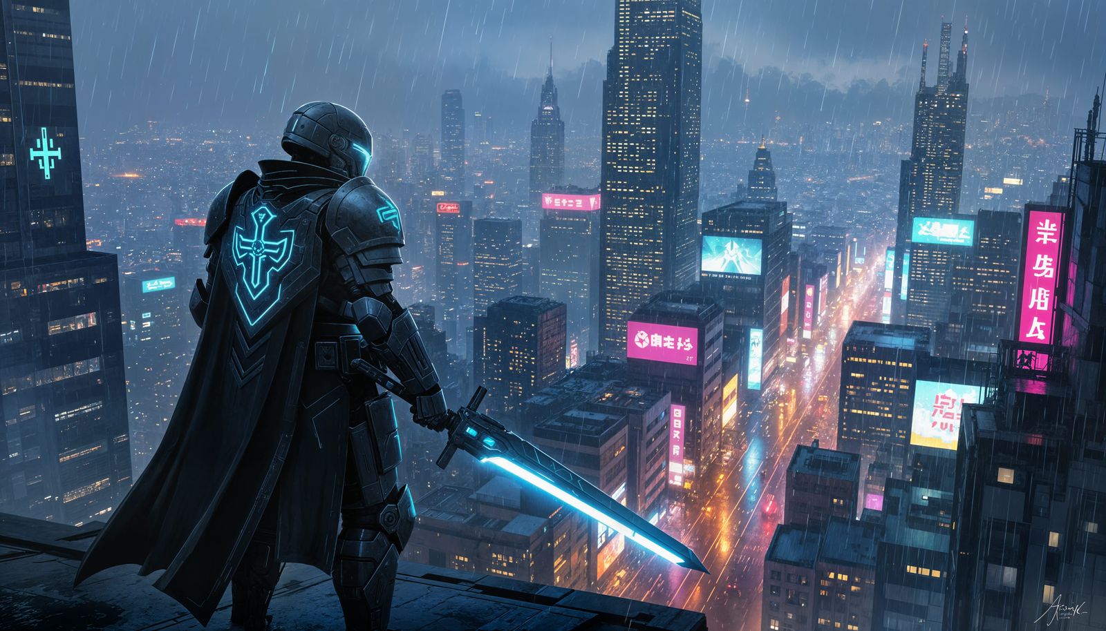 Cyborg Paladin Overlooking Cyberpunk City in Rain