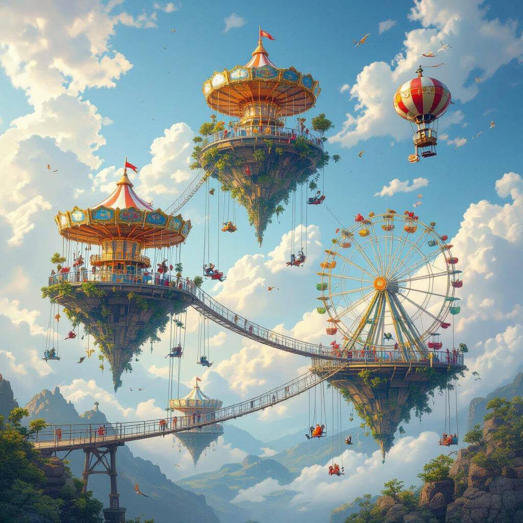 Floating Amusement Park Islands: Hyperrealistic Concept Art