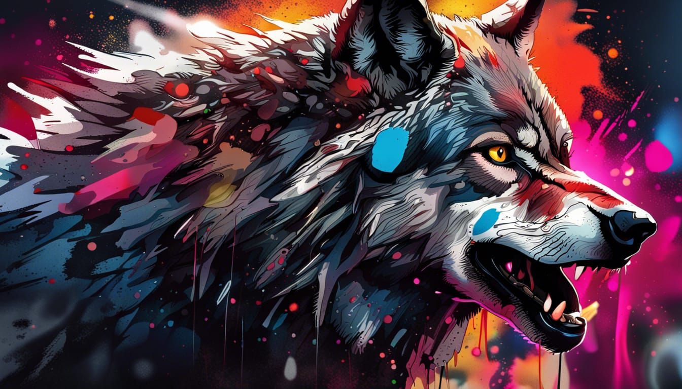 Detailed Wolf in Trash Polka Style, 8K