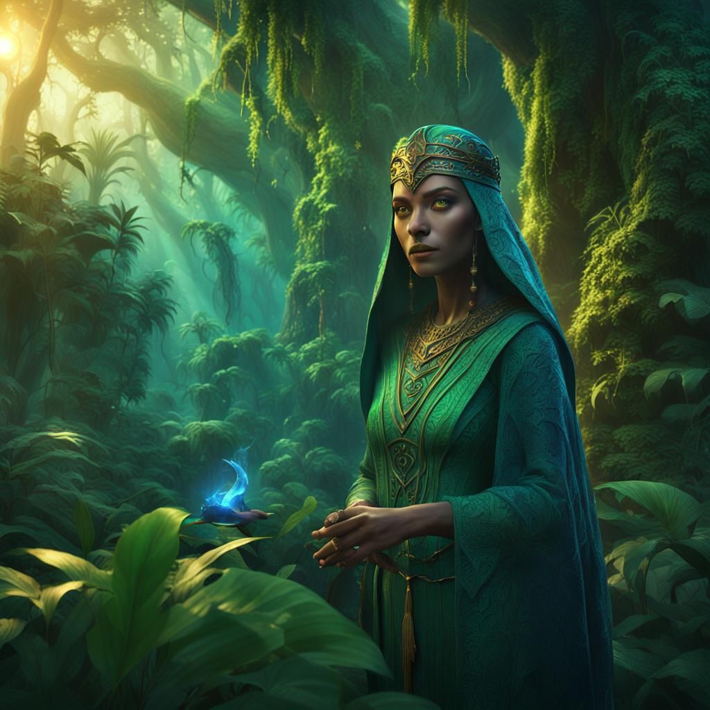 Mystical Sorceress Weaving Magic in Jungle Landscape