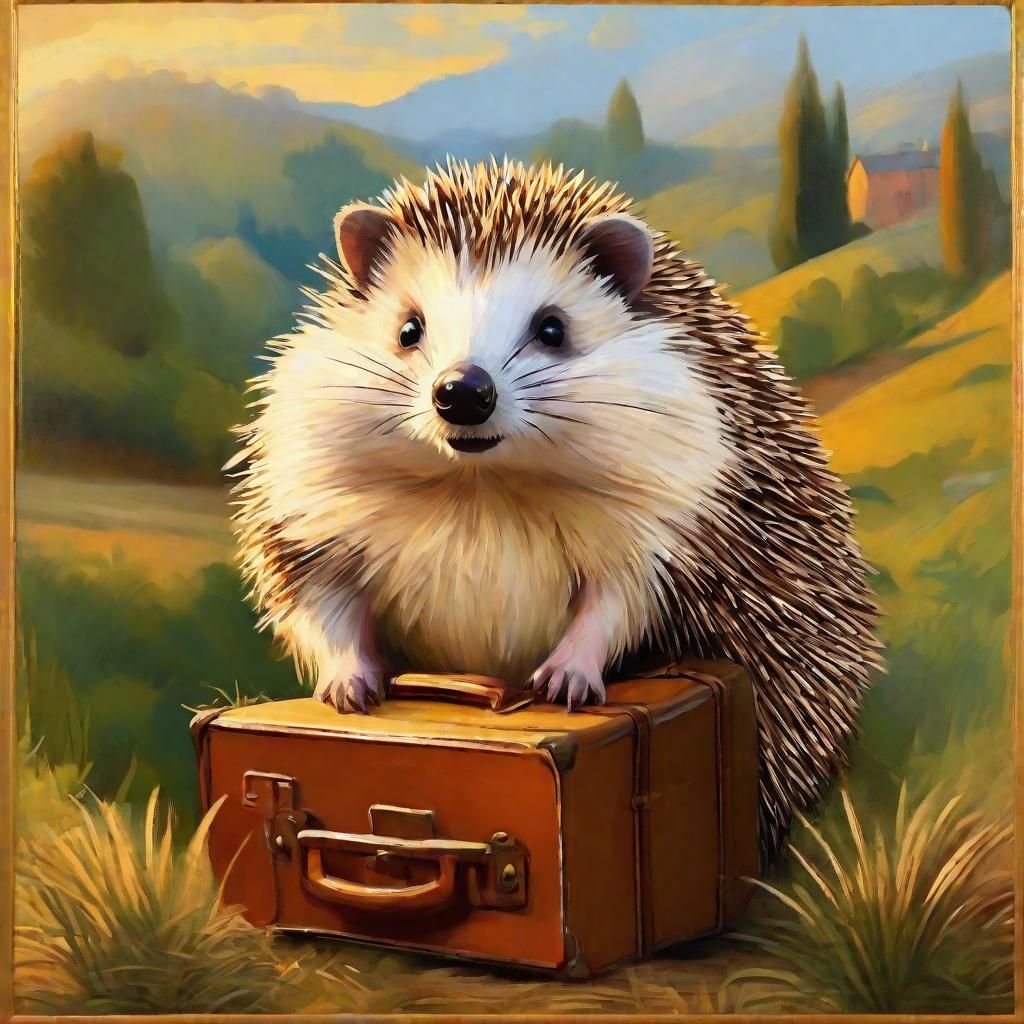 Baroque Travel Poster of Smiling Hedgehog in Landscape
