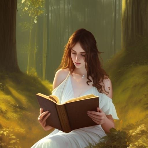 Girl Reading in Forest: Art Nouveau Portrait