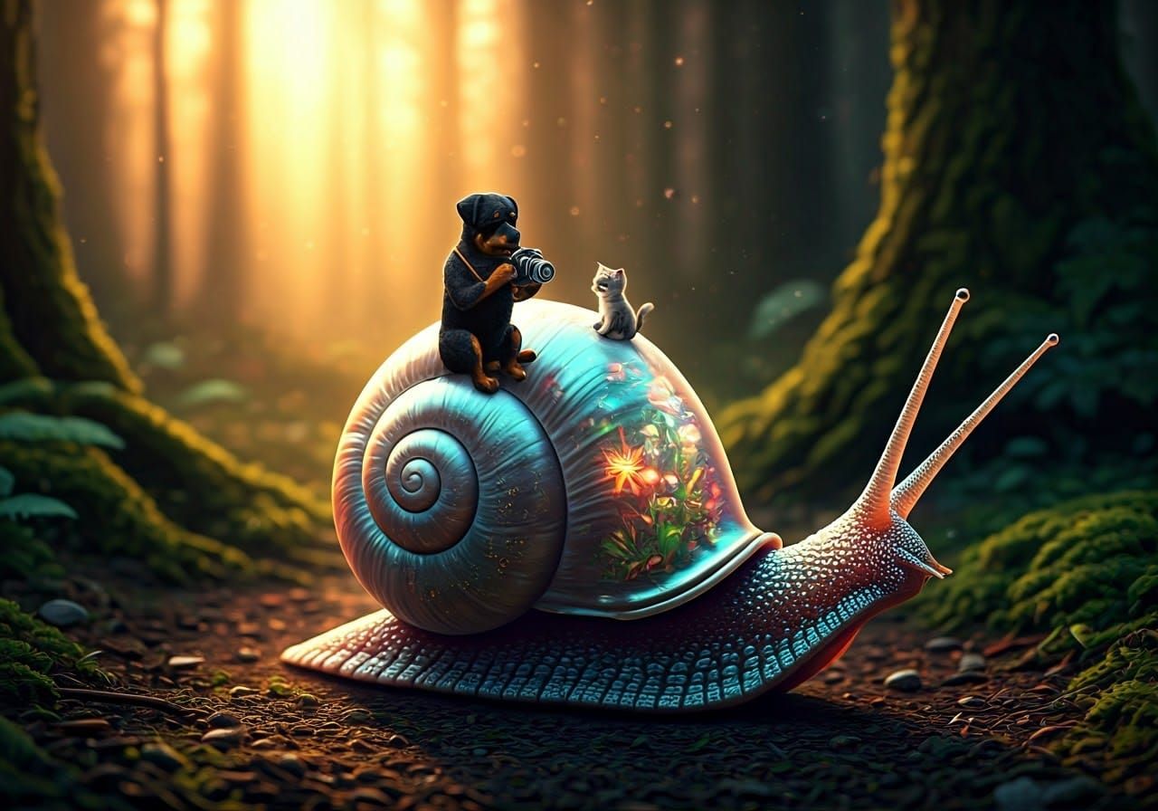 Mini Rottweiler Photographer in Bioluminescent Forest