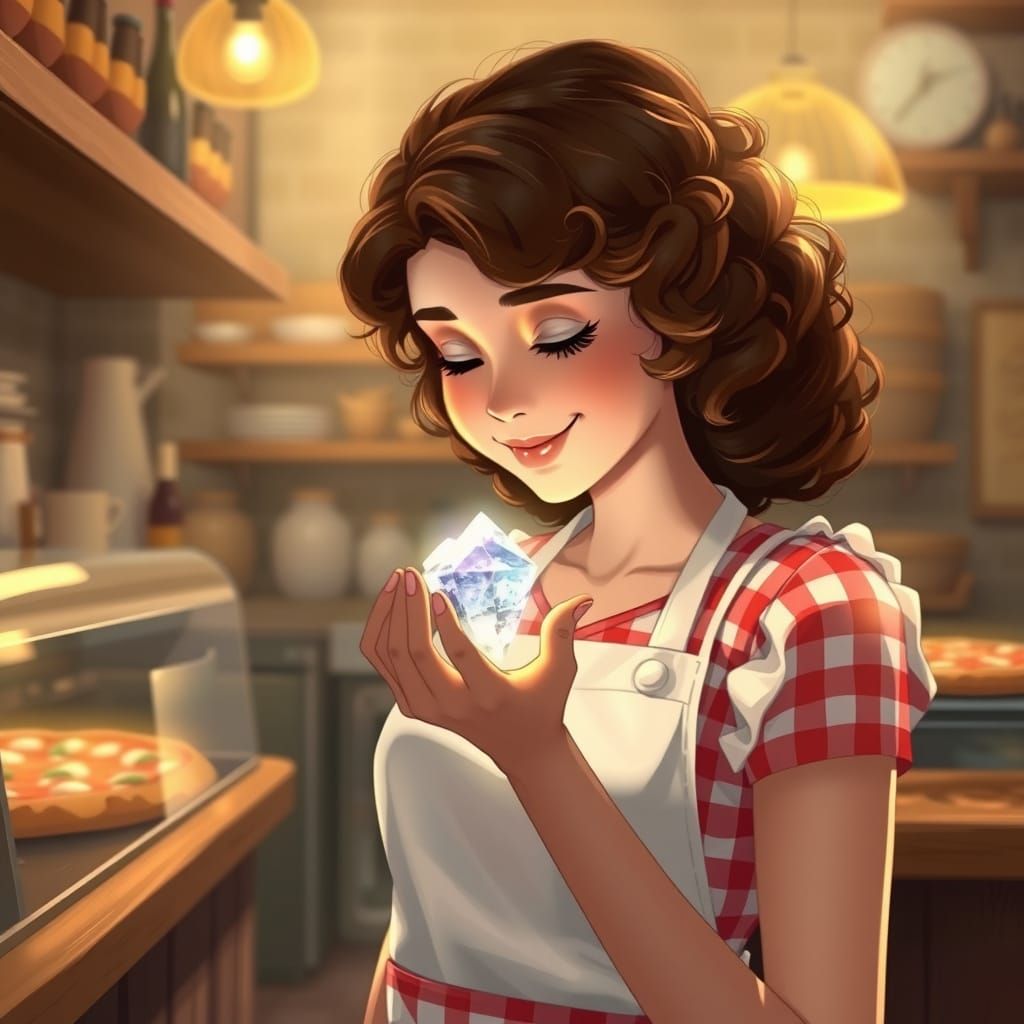 Whimsical Pizzeria Scene with Mystical Crystal