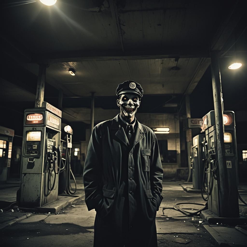 Sinister Gas Station Attendant in Dark Surrealism Style