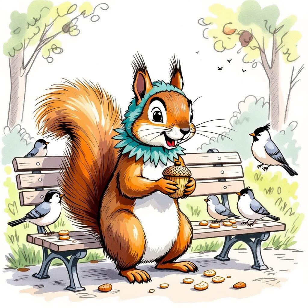 Squirrel's Hilarious Bird Disguise on Park Bench
