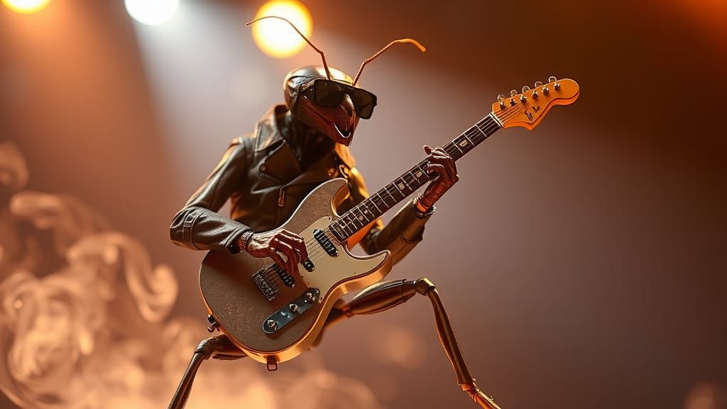 Ant Rockstar Plays Electric Guitar in Cyberpunk Style