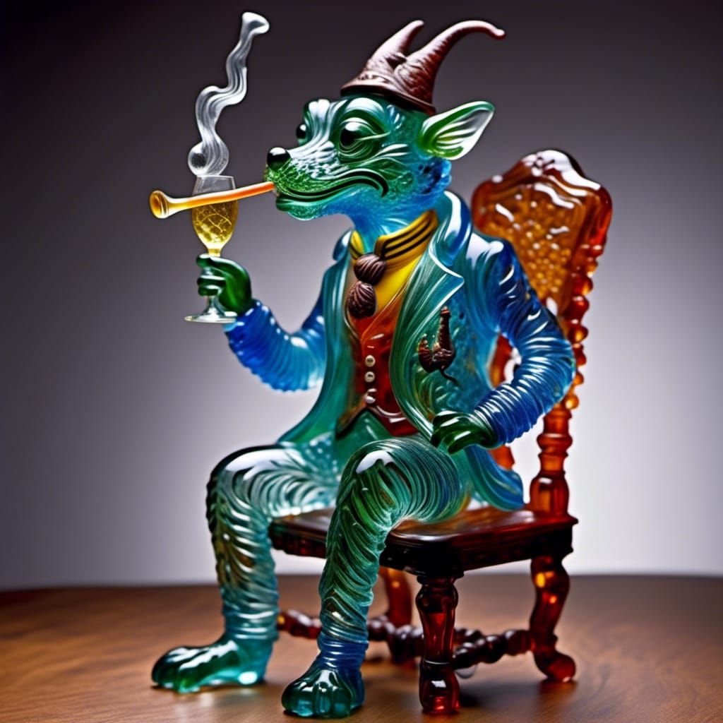 Glass Sculpture of a Kobold Smoking a Pipe