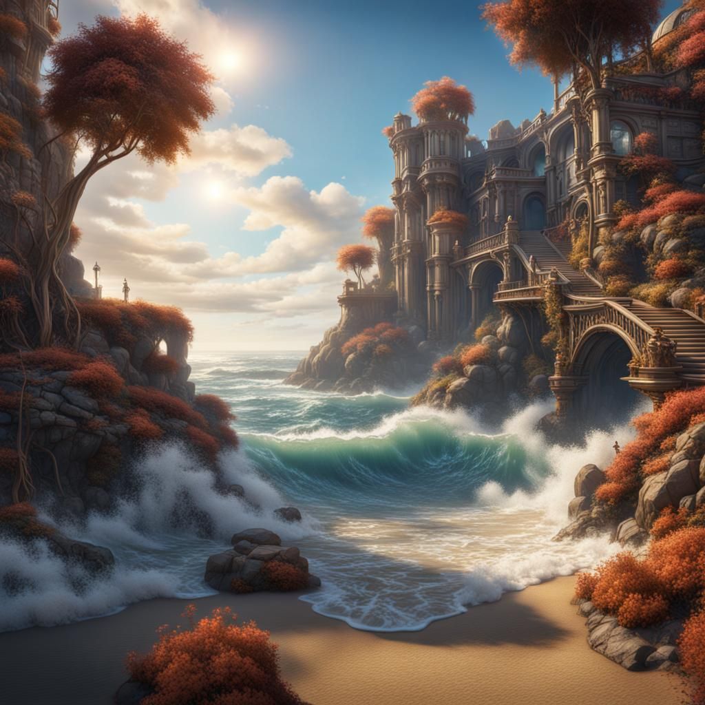 Bright Sunny Oceanside Fantasy Matte Painting