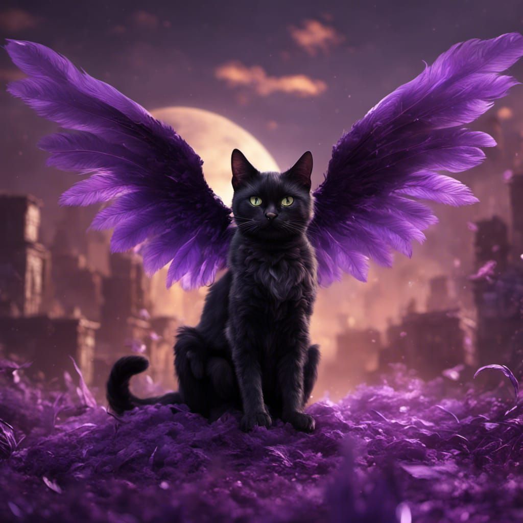 Winged Black Cat with Purple Feathers