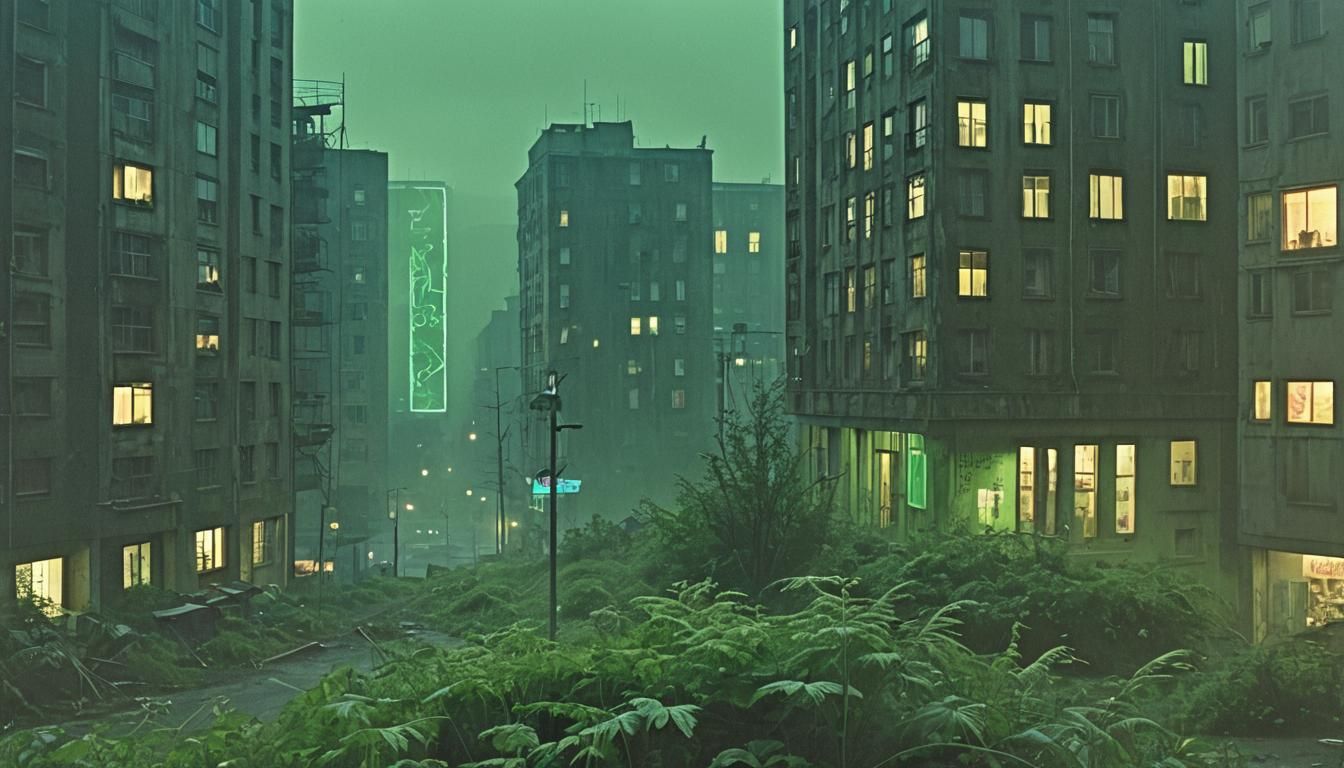 Dystopian Cityscape with Comic Book in Pop Art Style