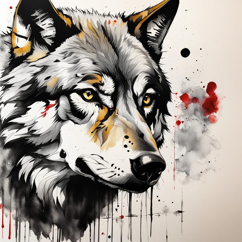 Wolf Drawing in Trash Polka Style