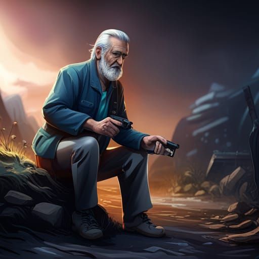 Old Man Holding Custom Glock: Detailed Matte Painting