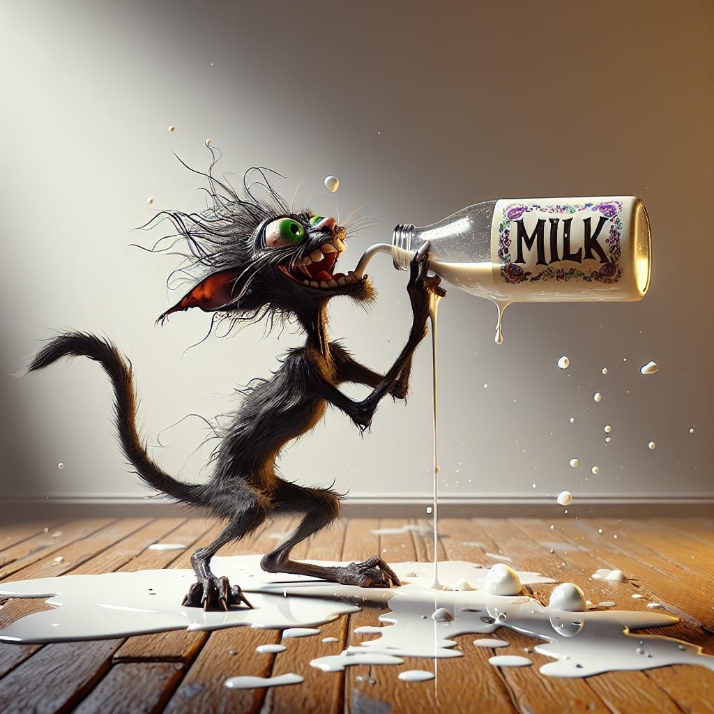 funny disheveled skinny black cat drinking milk from a bottle