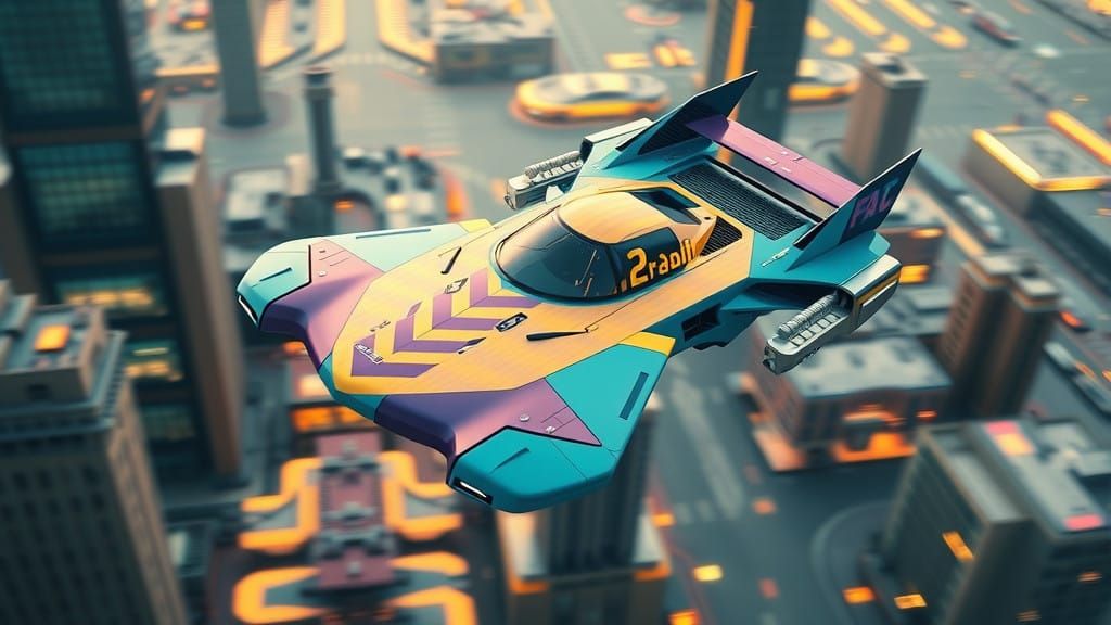 Epic Futuristic Flying Vehicle in Teal and Yellow