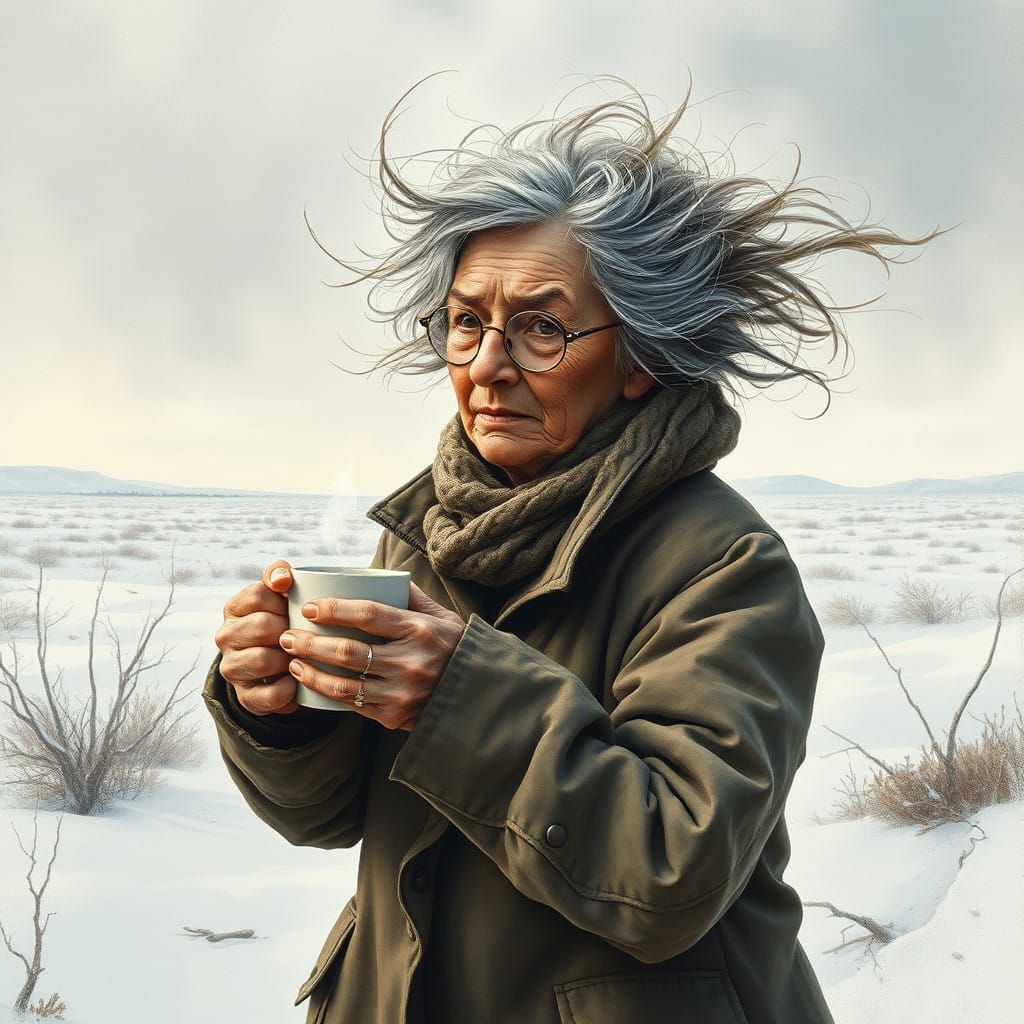 Resilient Elderly Woman Stands Firm in Icy Storm