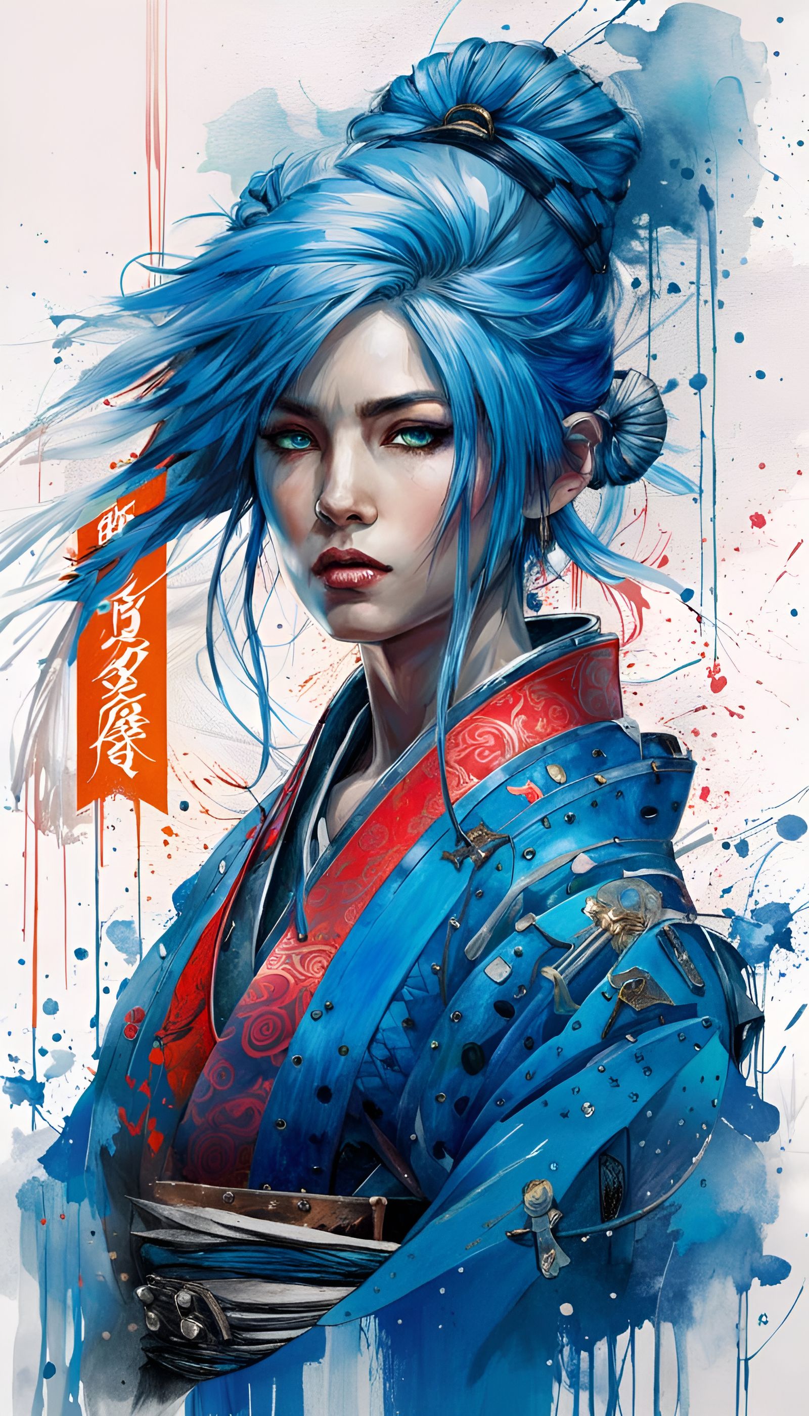 Blue Samurai Girl Concept Art in Vivid Colors