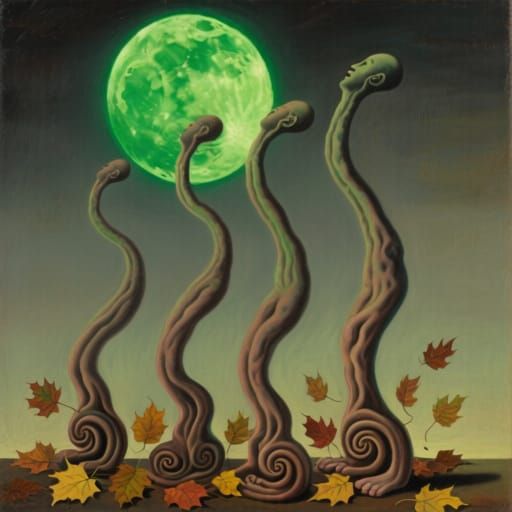 Surreal Figures Paint Moon Green Amidst Autumn Leaves