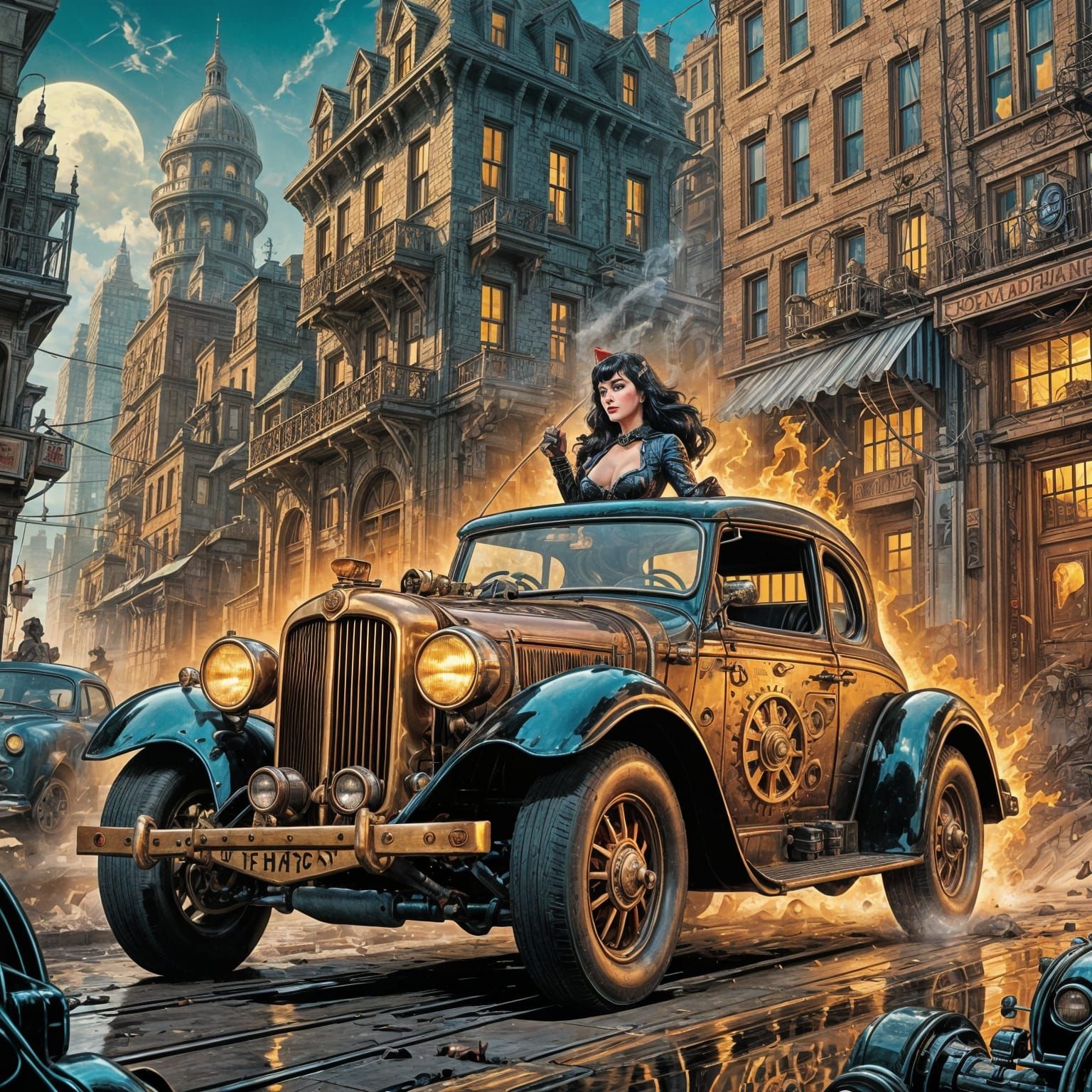 Bettie Page in Steampunk Cityscape Comic Art