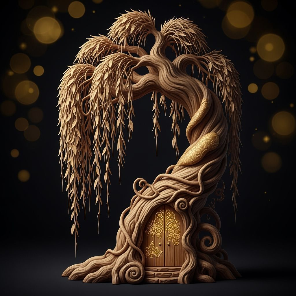 Willow Tree Sculpture with Ornate Door and Gold Inlays