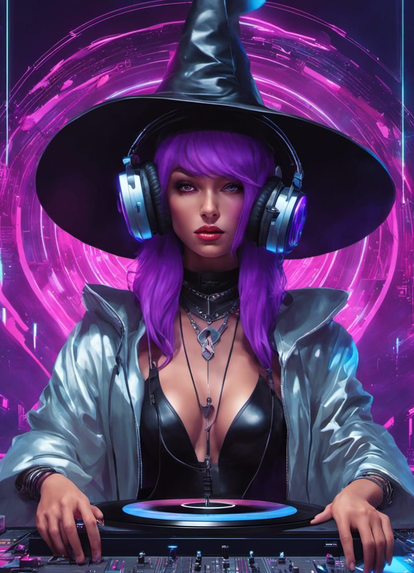 Cyberpunk Witch DJ with Neon Lights