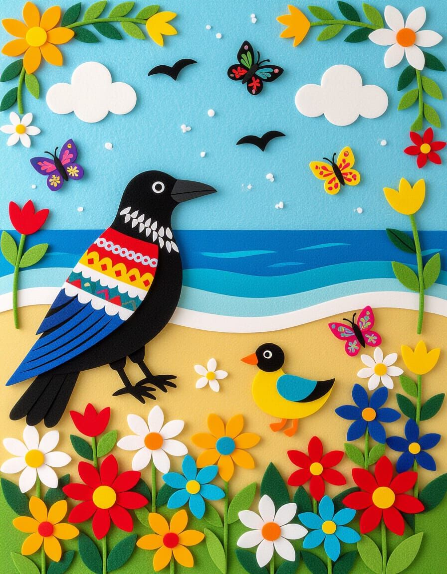 Colorful Felt Raven in Flower Meadow with Duck