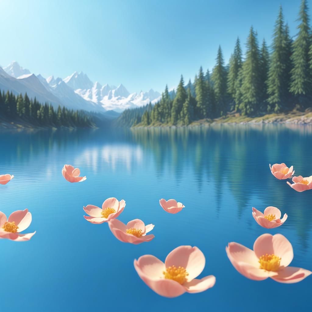 Pastel Peach Petals Over Blue Lake in 3D