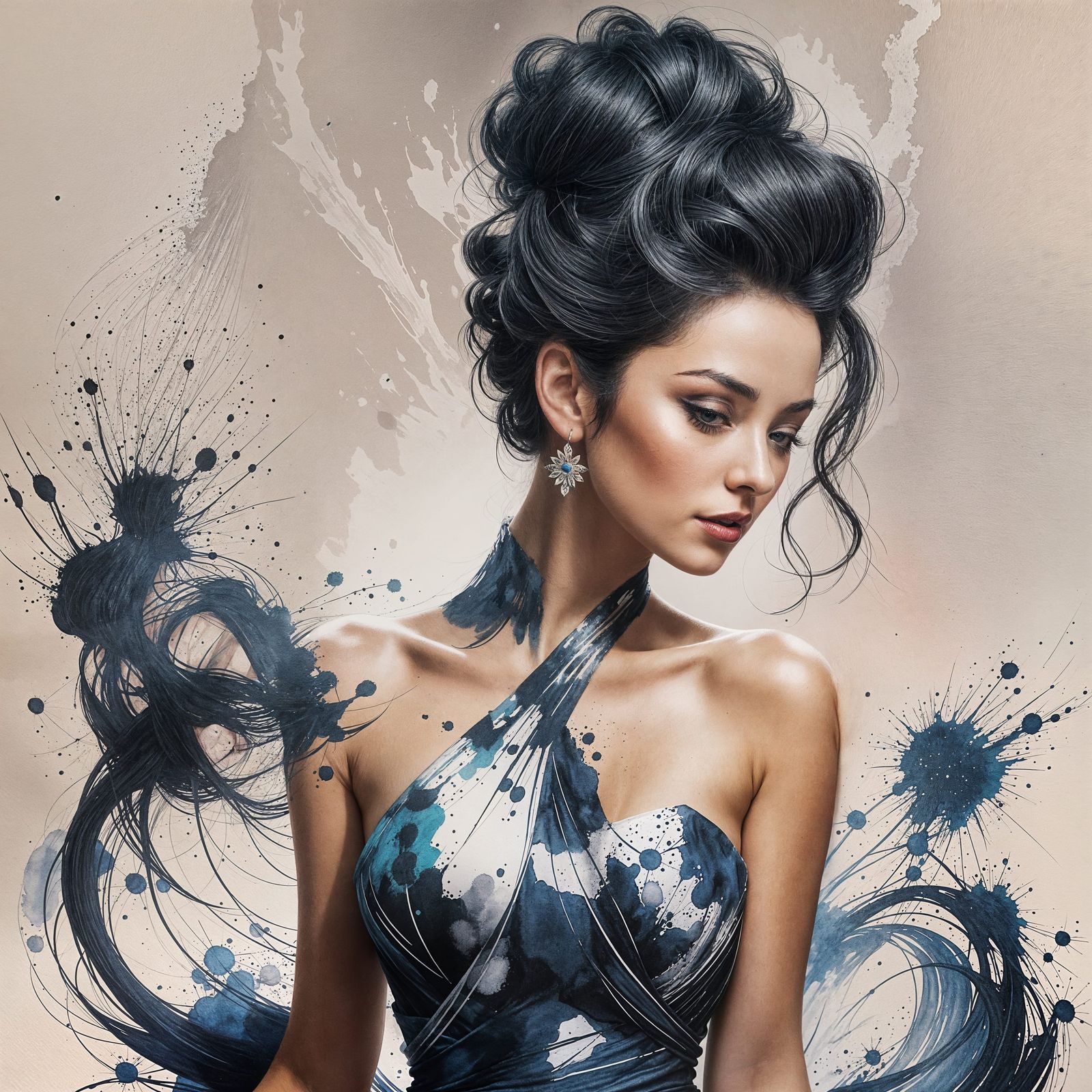 Dramatic Ink Splatter Drawing of Woman in Gala Dress
