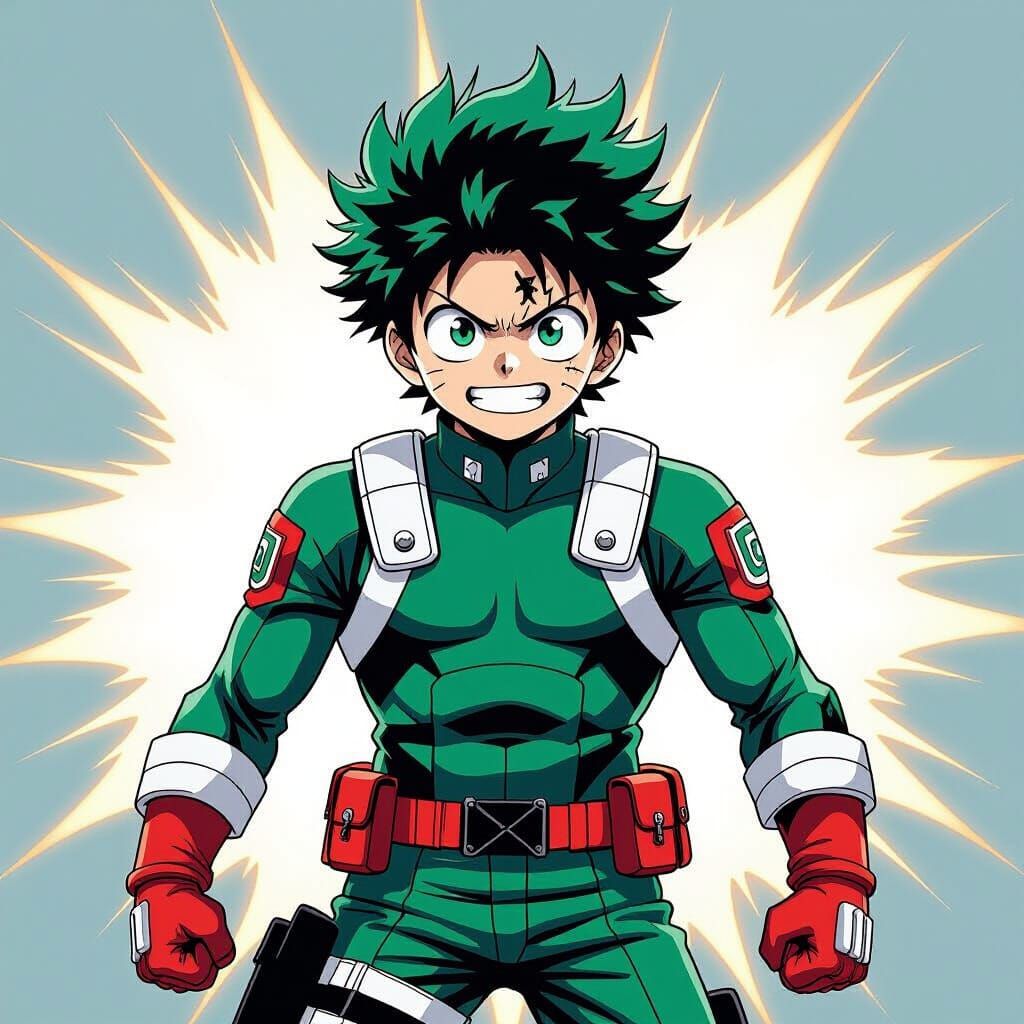 Determined Hero Izuku Midoria Ready for Action in Anime Styl...