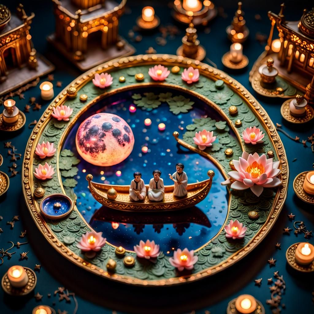 Detailed Diorama of Little People in Boat on Plate