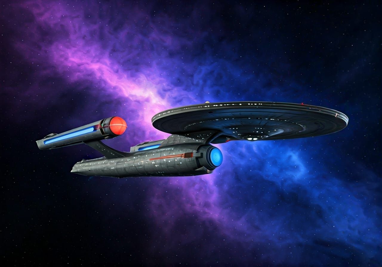 Sleek Starship in Nebula, Retro-Futuristic Style