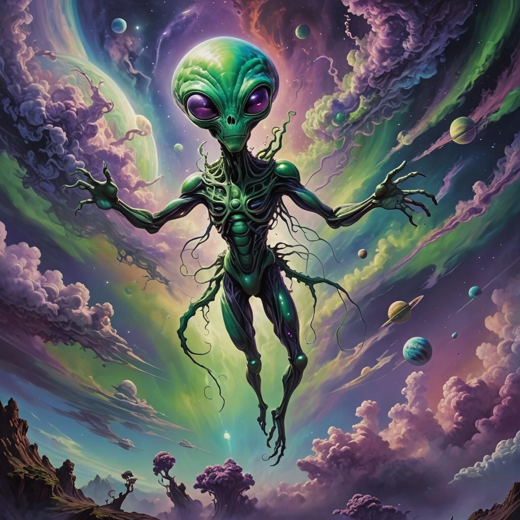 Dreamlike Alien Floating Above Distant Planet