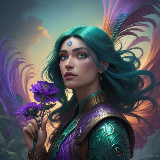 Rainbow Woman with Peacock Hair, Fantasy Art