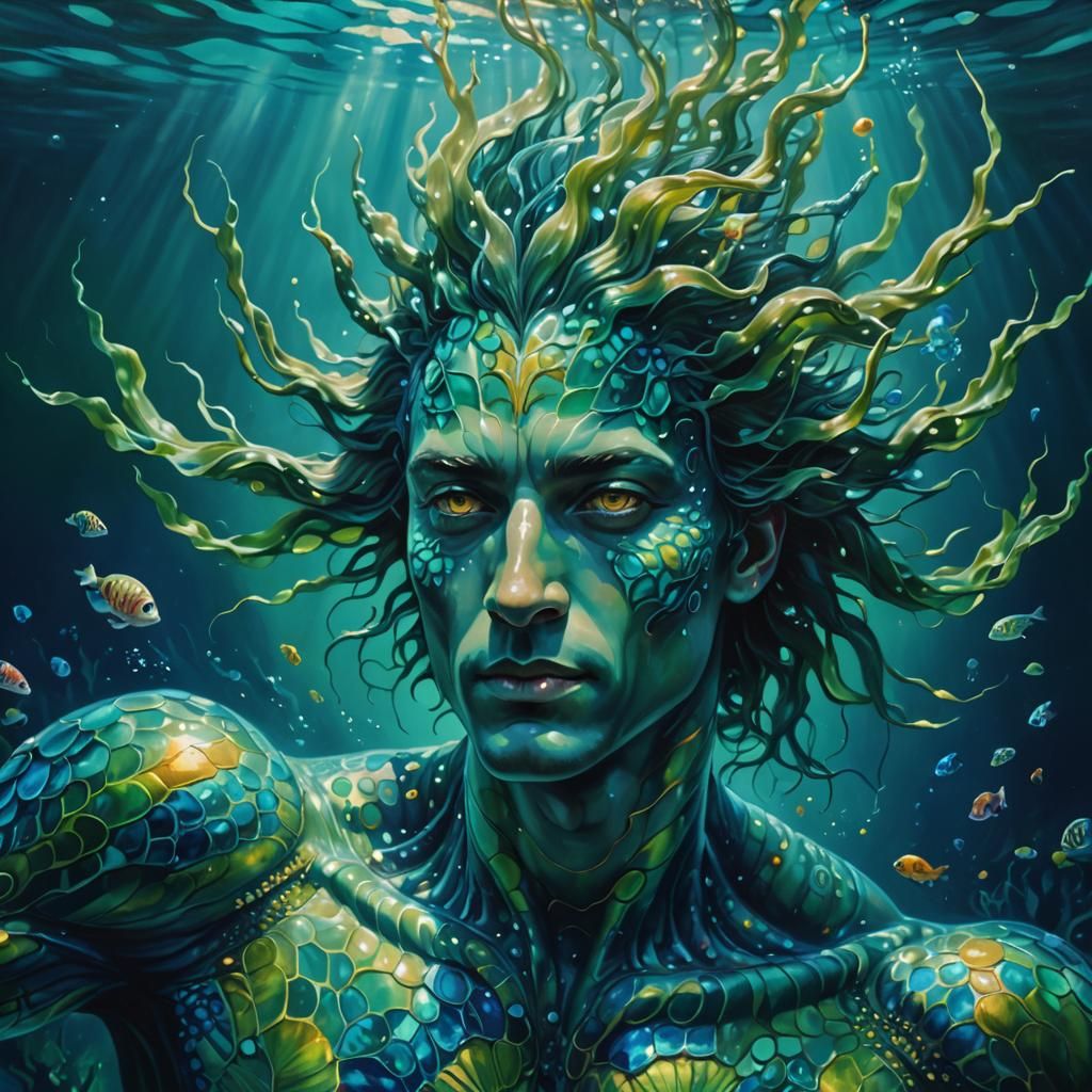 Bioluminescent Humanoid in Surreal Underwater Portrait