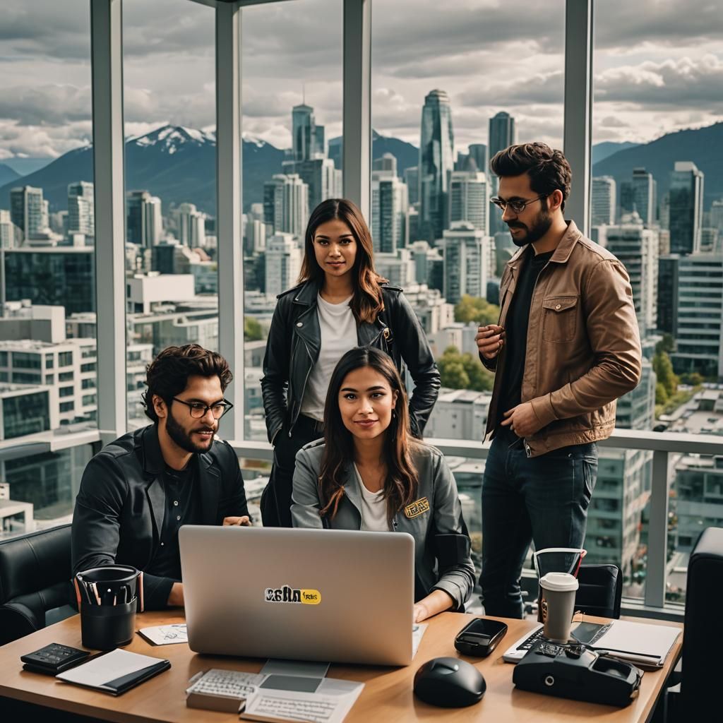 Latin Web Developers in Modern Office: Cinematic Film Still