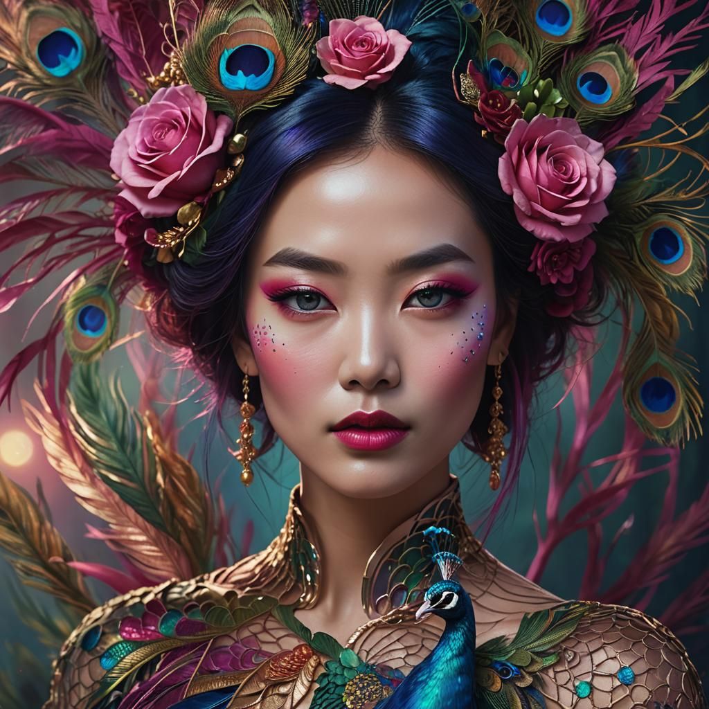 Rainbow Woman Portrait with Peacock Feathers