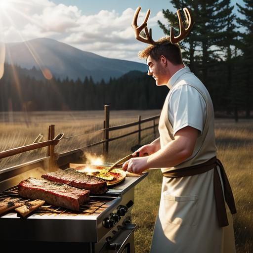 A chef wearing antlers grilling deer meat