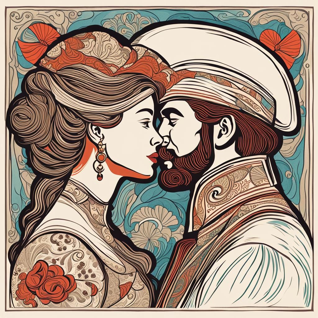 Elegant Couple in Ornate Kissing Portrait
