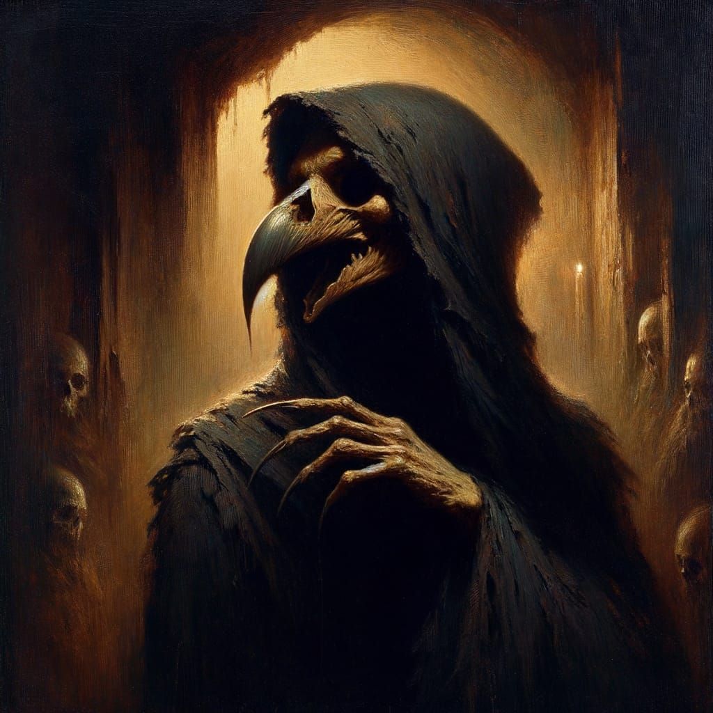Gothic Vulture-Headed Figure in Shadowy Sanctum Painting