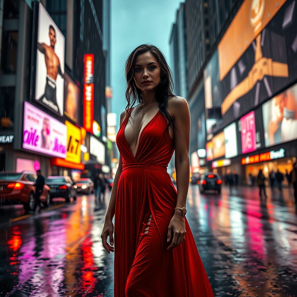Woman Steadfast in Times Square Rainstorm, in Cyberpunk Styl...